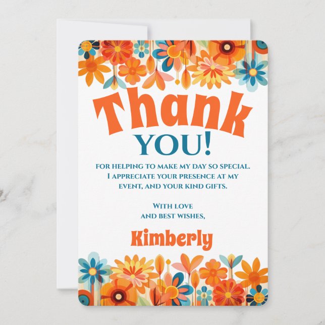 Retro 60s 70's Vibe Flower Power Thank You Card (Front)