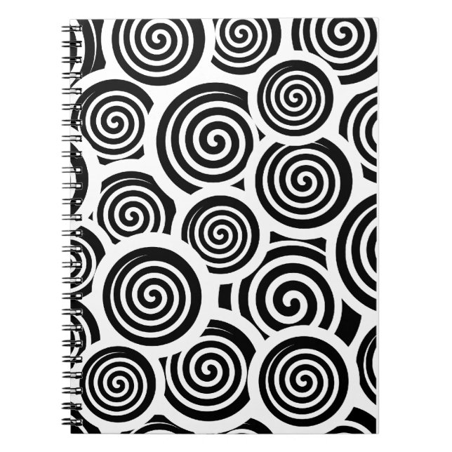 Retro 60's Black and White Spirals Hypnotic Swirls Notebook (Front)