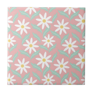 Retro 60s Chamomile Pink Teal Blue Flower Floral Tile