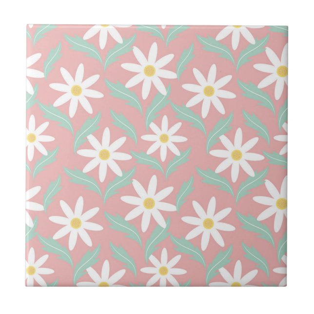 Retro 60s Chamomile Pink Teal Blue Flower Floral Tile (Front)
