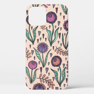 Retro 60s floral. Vintage hand drawn illustration iPhone 12 Case