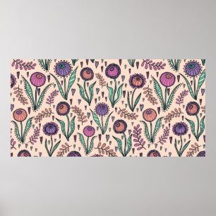 Retro 60s floral. Vintage hand drawn illustration  Poster