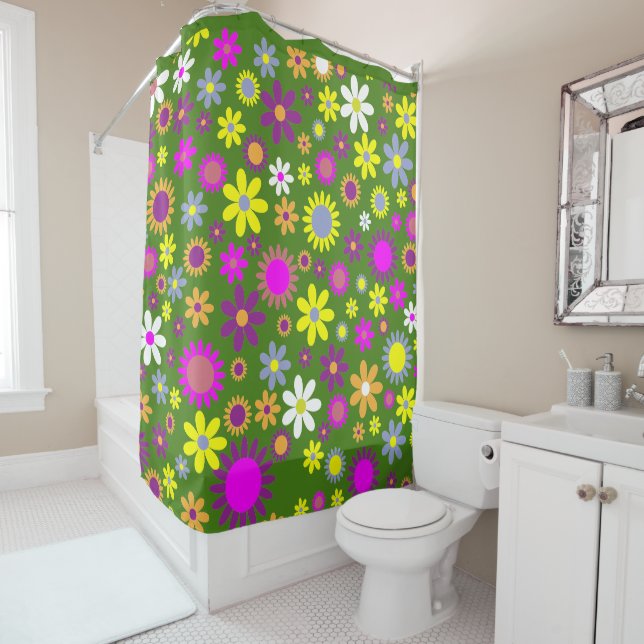 Retro 60s Flower Green Yellow Purple Floral Design Shower Curtain (In Situ)
