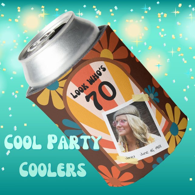 Retro 60's Flower Power Personalised Photo  Can Cooler (Creator Uploaded)