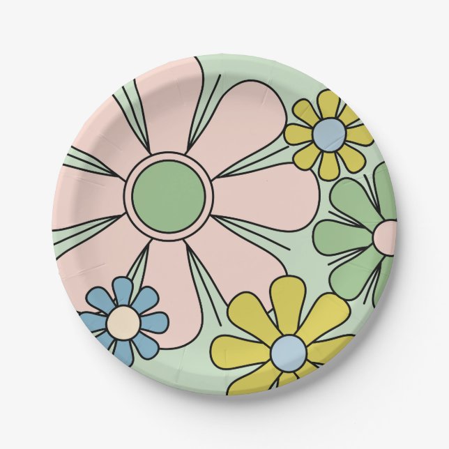 Retro 60s Flowers Groovy Pastel Floral Paper Plate (Front)