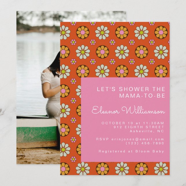 Retro 60s Flowers Orange Pink Baby Shower Photo Invitation (Front/Back)
