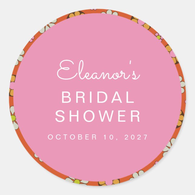 Retro 60s Flowers Orange Pink Bridal Shower Custom Classic Round Sticker (Front)