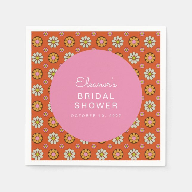 Retro 60s Flowers Orange Pink Bridal Shower Custom Napkin (Front)