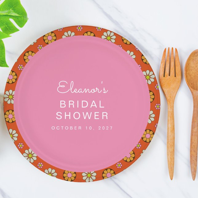 Retro 60s Flowers Orange Pink Bridal Shower Custom Paper Plate (Creator Uploaded)