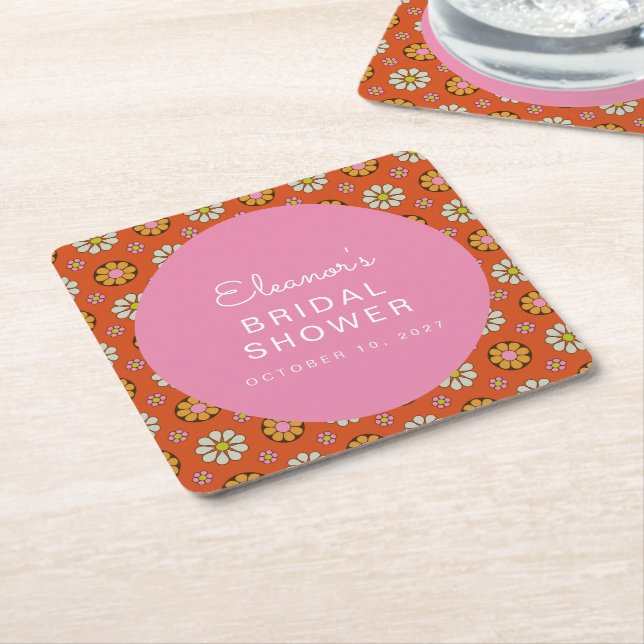 Retro 60s Flowers Orange Pink Bridal Shower Custom Square Paper Coaster (Angled)