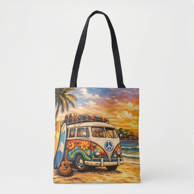 Retro 60s Hippie Beach Bus Sunset | Surf Life Art Tote Bag (Front)