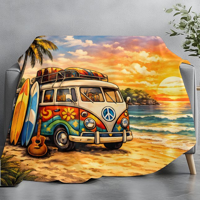 Retro 60s Hippie Beach Bus Sunset | Surf Van Life Fleece Blanket (Creator Uploaded)