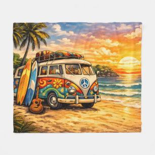 Retro 60s Hippie Beach Bus Sunset   Surf Van Life Fleece Blanket