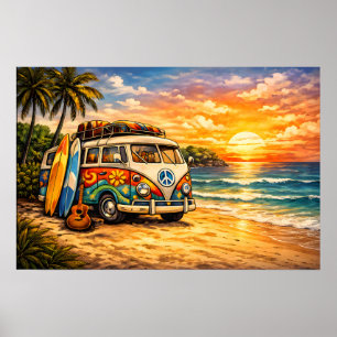 Retro 60s Hippie Beach Bus Sunset   Surf Van Life Poster
