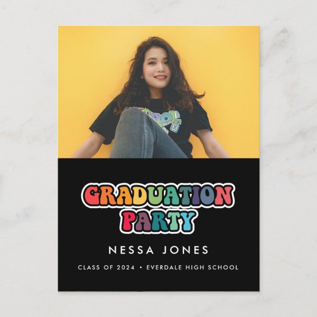 Retro 60s hippie fun graduation party photo postcard (Front)