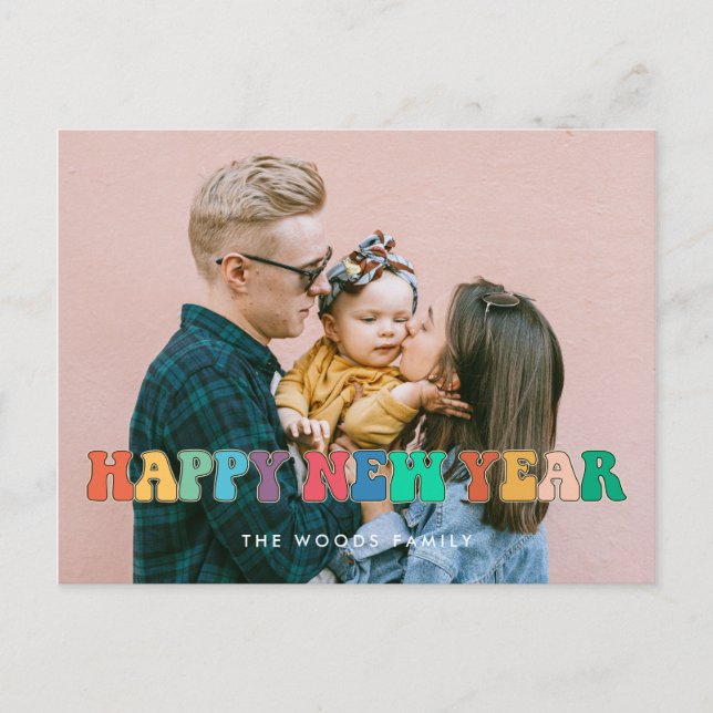 Retro 60s Hippie Fun Happy New Year photo Postcard (Front)