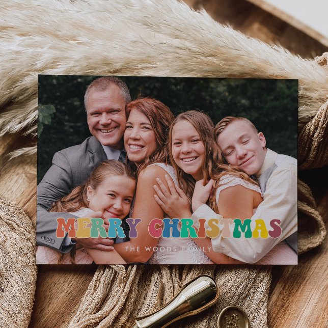 Retro 60s Hippie Fun Merry Christmas Family Photo Holiday Card (Creator Uploaded)