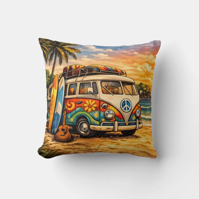 Retro 60s Hippie Surfer Beach Bus Sunset Surf Life Cushion (Front)
