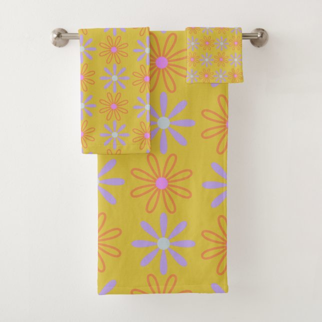 Retro 60s Mod Pop Flower Pattern in Yellow  Bath Towel Set (Insitu)