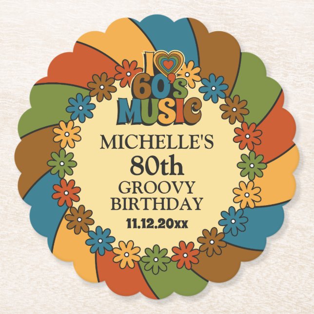 Retro 60s Music Birthday Party for Music Lovers Paper Coaster (Front)