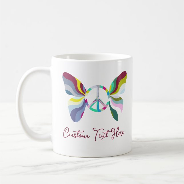 Retro 60s Peace Sign Butterfly Rainbow Colours Coffee Mug (Left)