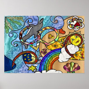 Retro 60s Psychedelic At The Beach Print Poster