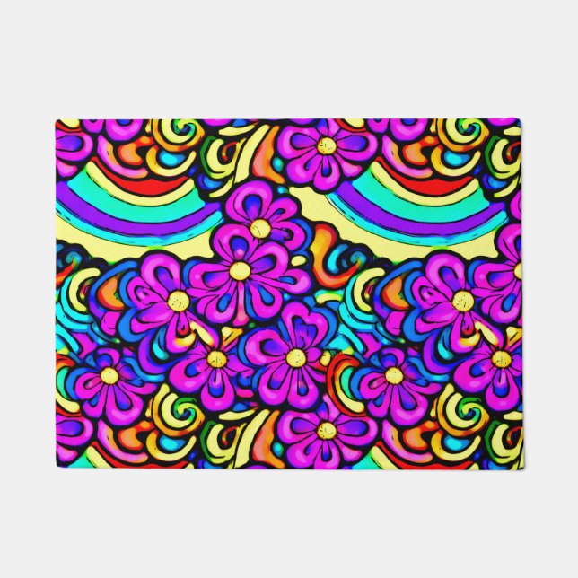 Retro 60s Psychedelic Flowers Rainbow Pattern Doormat (Front)