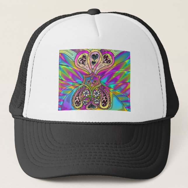 Retro 60s Psychedelic Hearts Flowers Gifts Apparel Trucker Hat (Front)