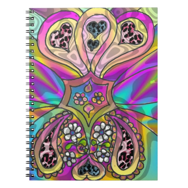 Retro 60s Psychedelic Hearts Flowers Notebook (Front)