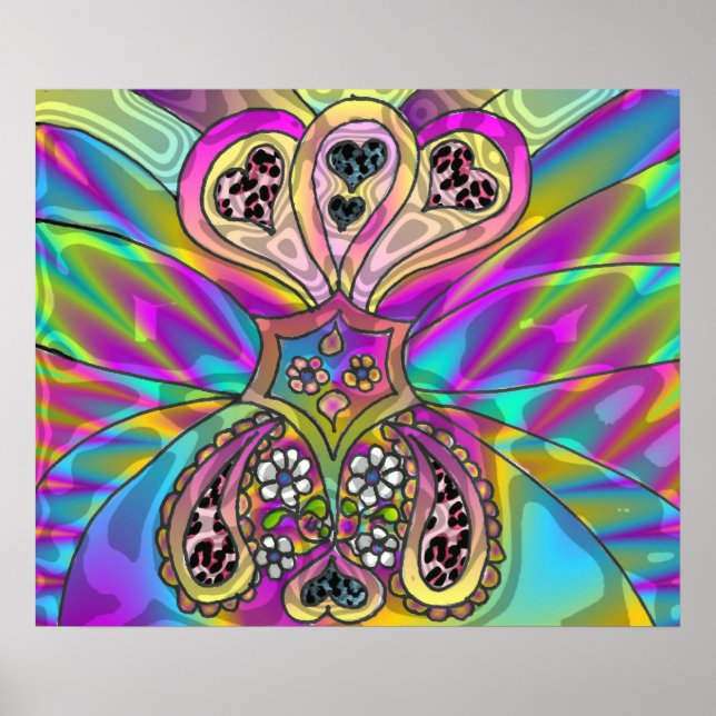 Retro 60s Psychedelic Hearts Flowers Print Poster (Front)