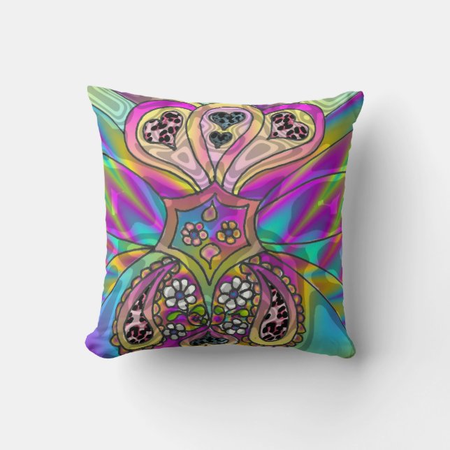 Retro 60s Psychedelic Hearts Flowers Throw Pillow (Front)
