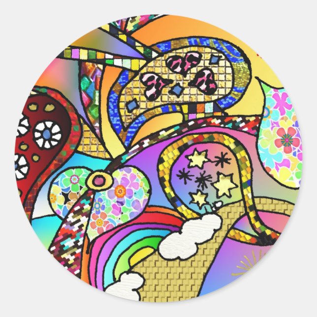 Retro 60s Psychedelic Hearts Paisley Gifts Apparel Classic Round Sticker (Front)