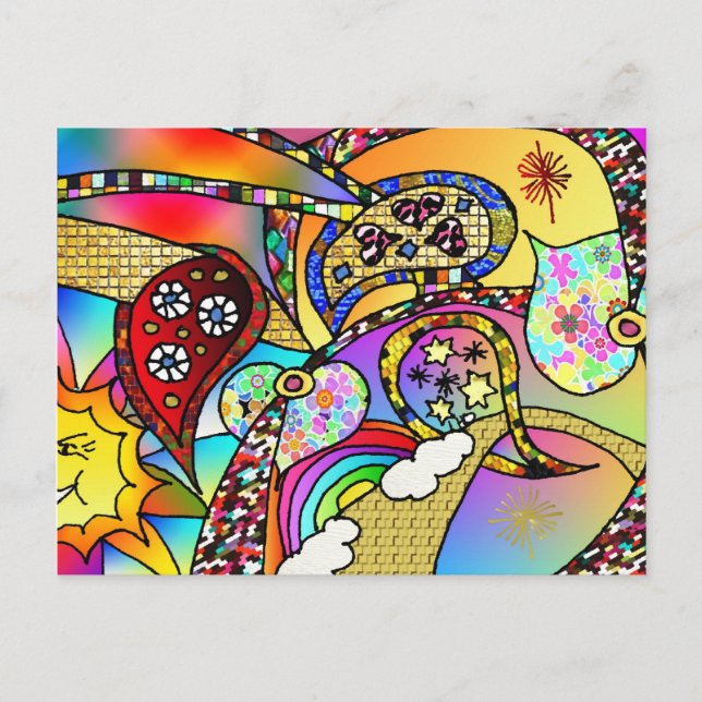 Retro 60s Psychedelic Hearts Paisley Gifts Apparel Postcard (Front)