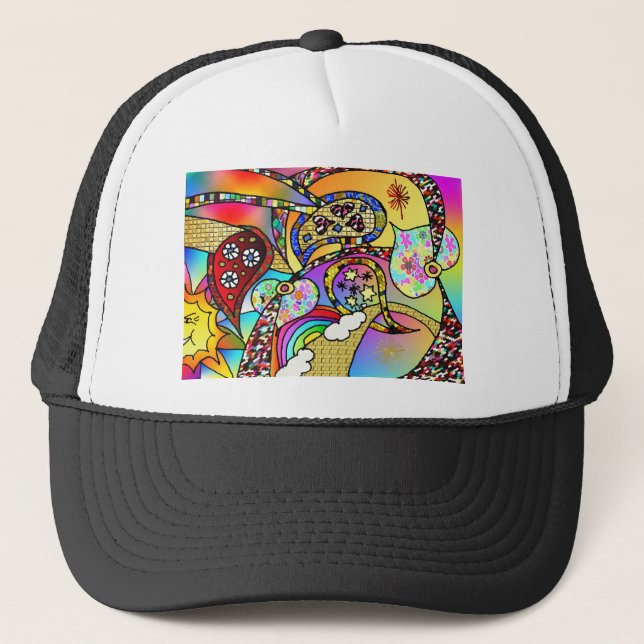 Retro 60s Psychedelic Hearts Paisley Gifts Apparel Trucker Hat (Front)