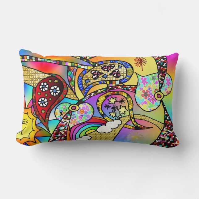 Retro 60s Psychedelic Hearts Paisley Throw Pillow (Front)