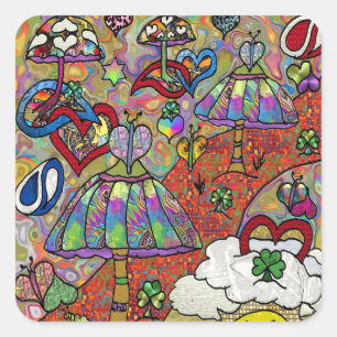 Retro 60s Psychedelic Magic Mushroom Sqr Sticker