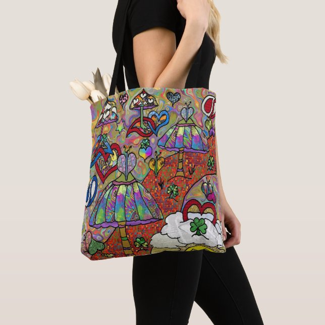 Retro 60s Psychedelic Magic Mushroom Tote Bag (Close Up)