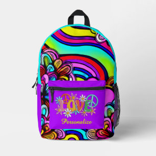 Retro 60s Psychedelic Rainbow Flowers with Love Printed Backpack