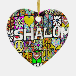 Retro 60s Psychedelic Shalom LOVE Ceramic Tree Decoration