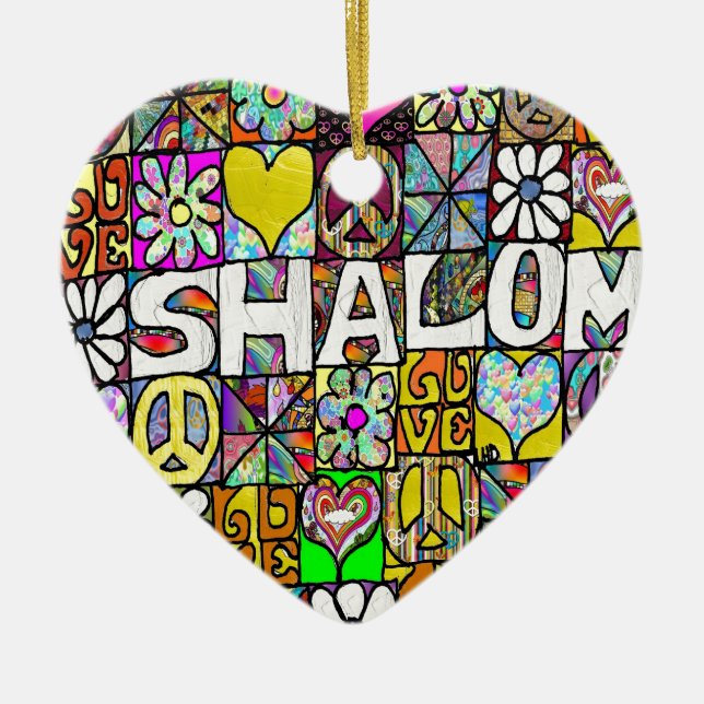 Retro 60s Psychedelic Shalom LOVE Ceramic Tree Decoration (Front)