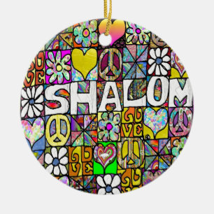 Retro 60s Psychedelic Shalom LOVE Ceramic Tree Decoration