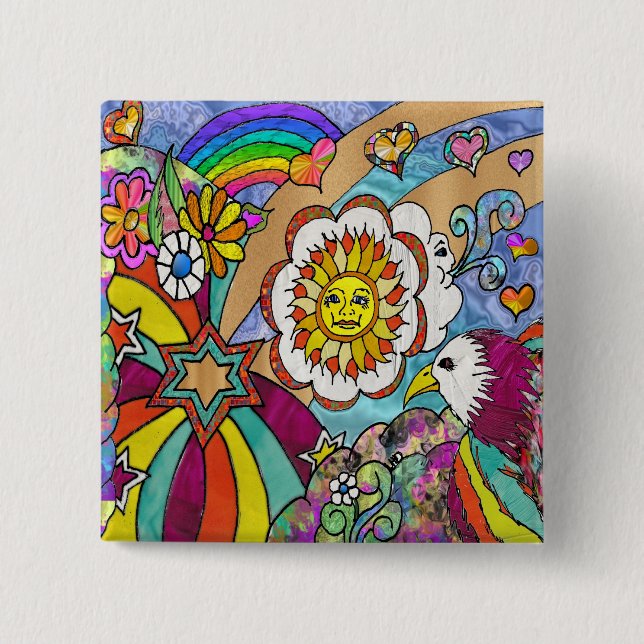Retro 60s Psychedelic Sunshine Eagle Apparel Gifts 15 Cm Square Badge (Front)