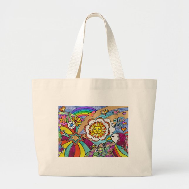 Retro 60s Psychedelic Sunshine Eagle Apparel Gifts Large Tote Bag (Front)
