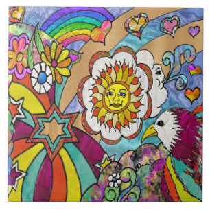 Retro 60s Psychedelic Sunshine Eagle Tile