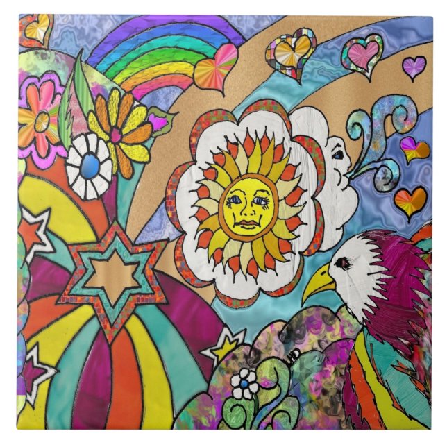 Retro 60s Psychedelic Sunshine Eagle Tile (Front)