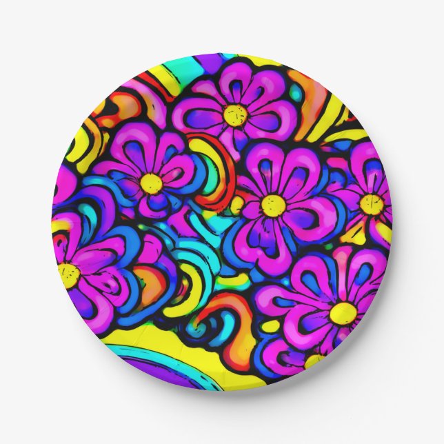 Retro 60s Purple Flower Cartoon Anime Psychedelic  Paper Plate (Front)