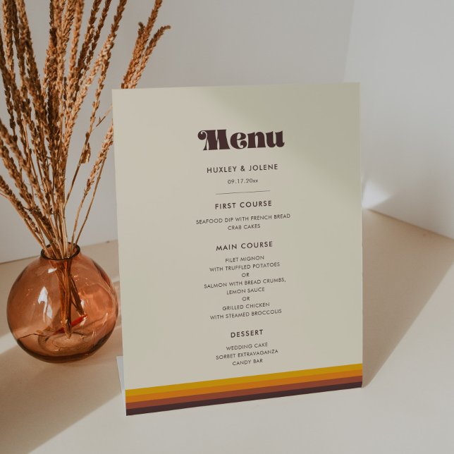 Retro 60s vintage colours wedding menu pedestal sign (Creator Uploaded)