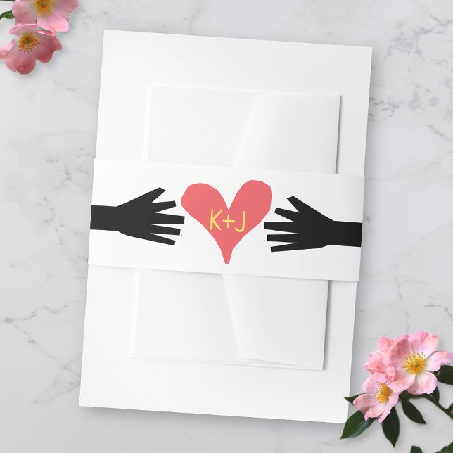 Retro 60s Wedding Cut Out Hands Heart Monogrammed Invitation Belly Band (Creator Uploaded)