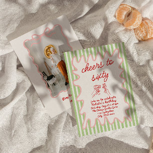 Retro 60th Drawn Colorful Stripes Photo Birthday Invitation