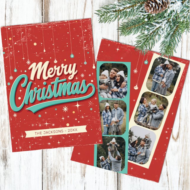 Retro 6 Photo Merry Christmas Family Card (Retro Christmas Photo Card)
